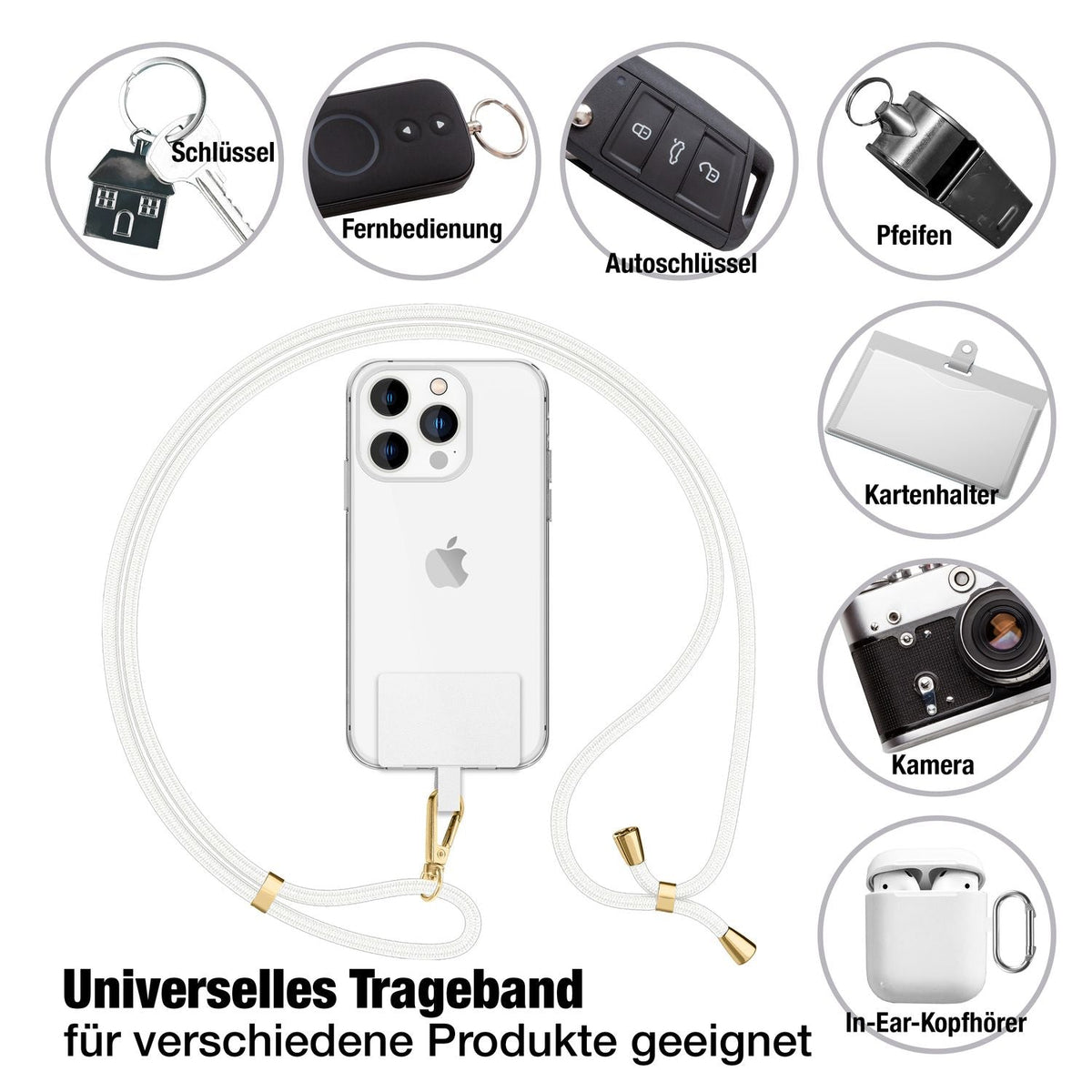 NALIA Universal Handykette für alle Smartphones – Robuste Kordel & 2 Patches – HOLDME AIR (Klassisches Lanyard mit Goldenem Karabiner) – Marke aus Berlin
