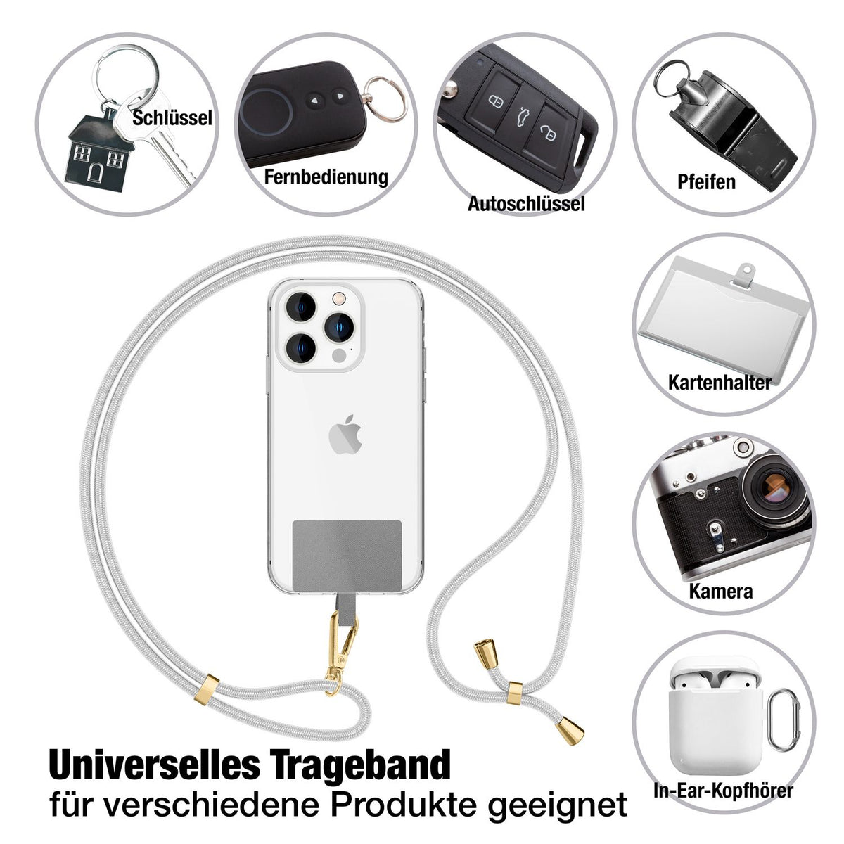 NALIA Universal Handykette für alle Smartphones – Robuste Kordel & 2 Patches – HOLDME AIR (Klassisches Lanyard mit Goldenem Karabiner) – Marke aus Berlin