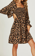 Square Neck Puff Sleeve Mini Dress In Leopard Print