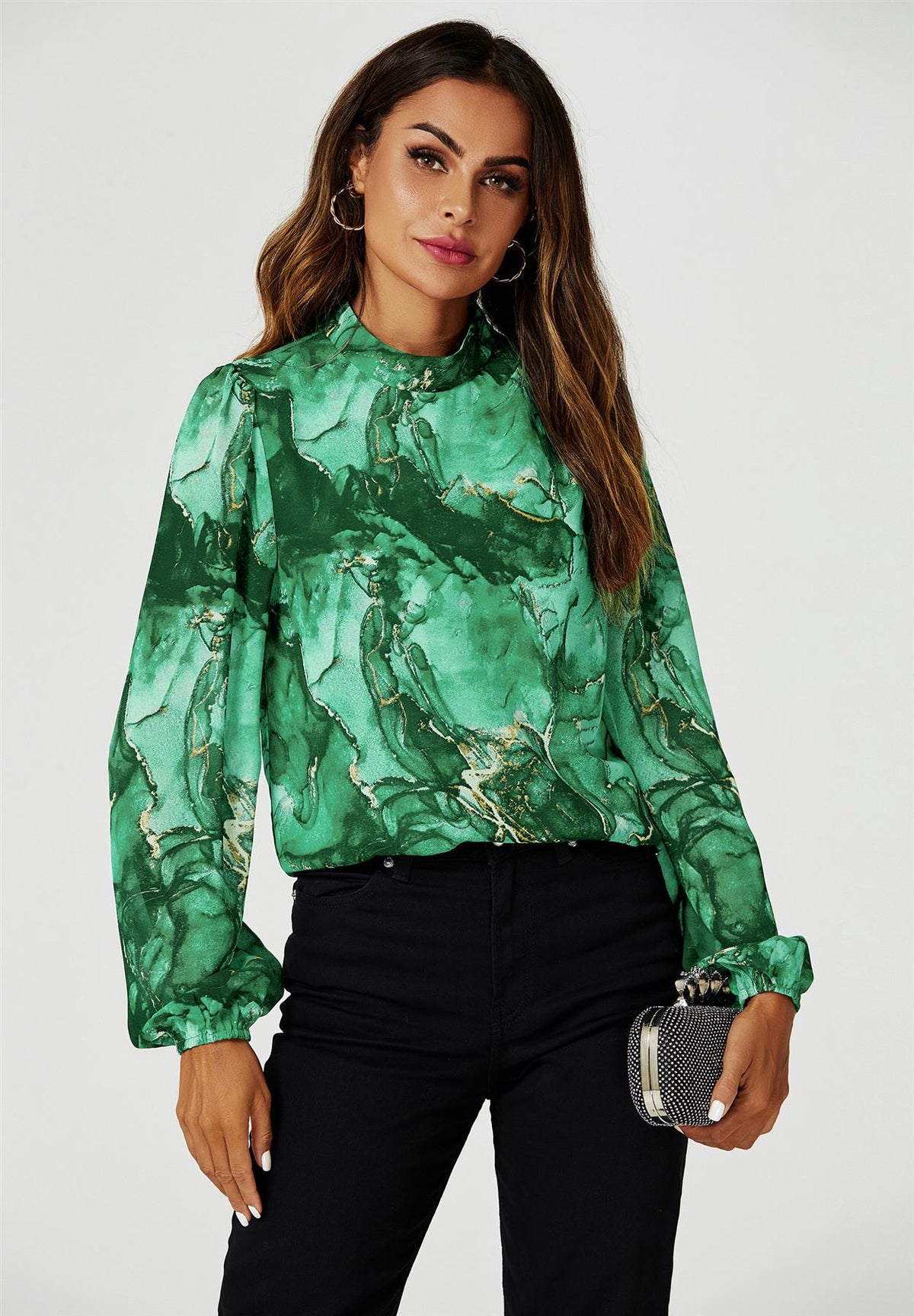 Marble Print Long Sleeve High Neck Top In Light Green
