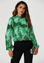 Marble Print Long Sleeve High Neck Top In Light Green