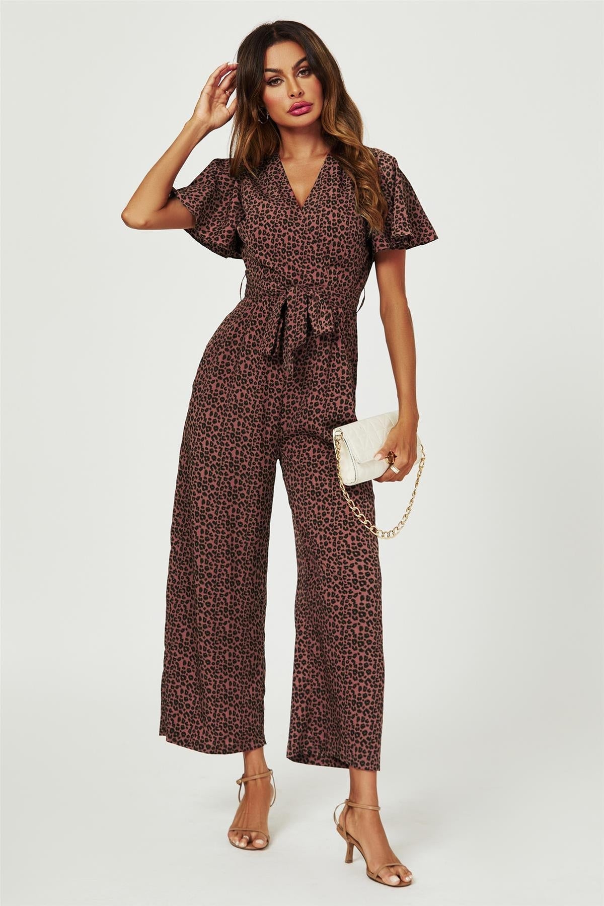 Leopard Print Wrap Top Jumpsuit In Rusty