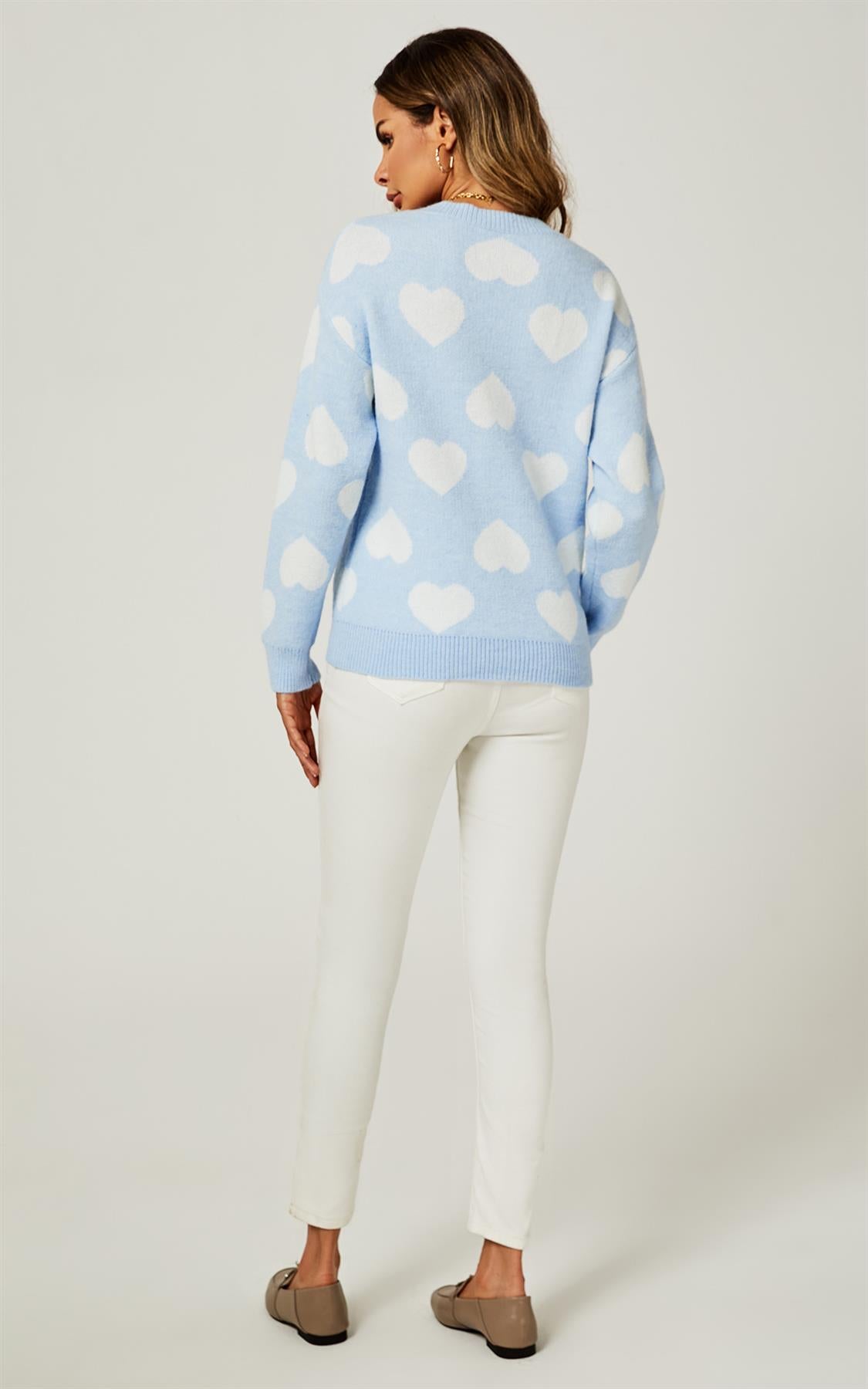 Relaxed Comfy White V Neck Heart Pattern Jumper Top In Baby Blue Namma Markt