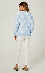 Relaxed Comfy White V Neck Heart Pattern Jumper Top In Baby Blue Namma Markt