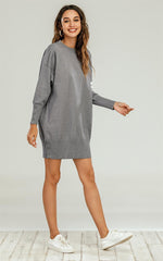 Knitted Tunic Jumper Dress With White Stripe In Grey