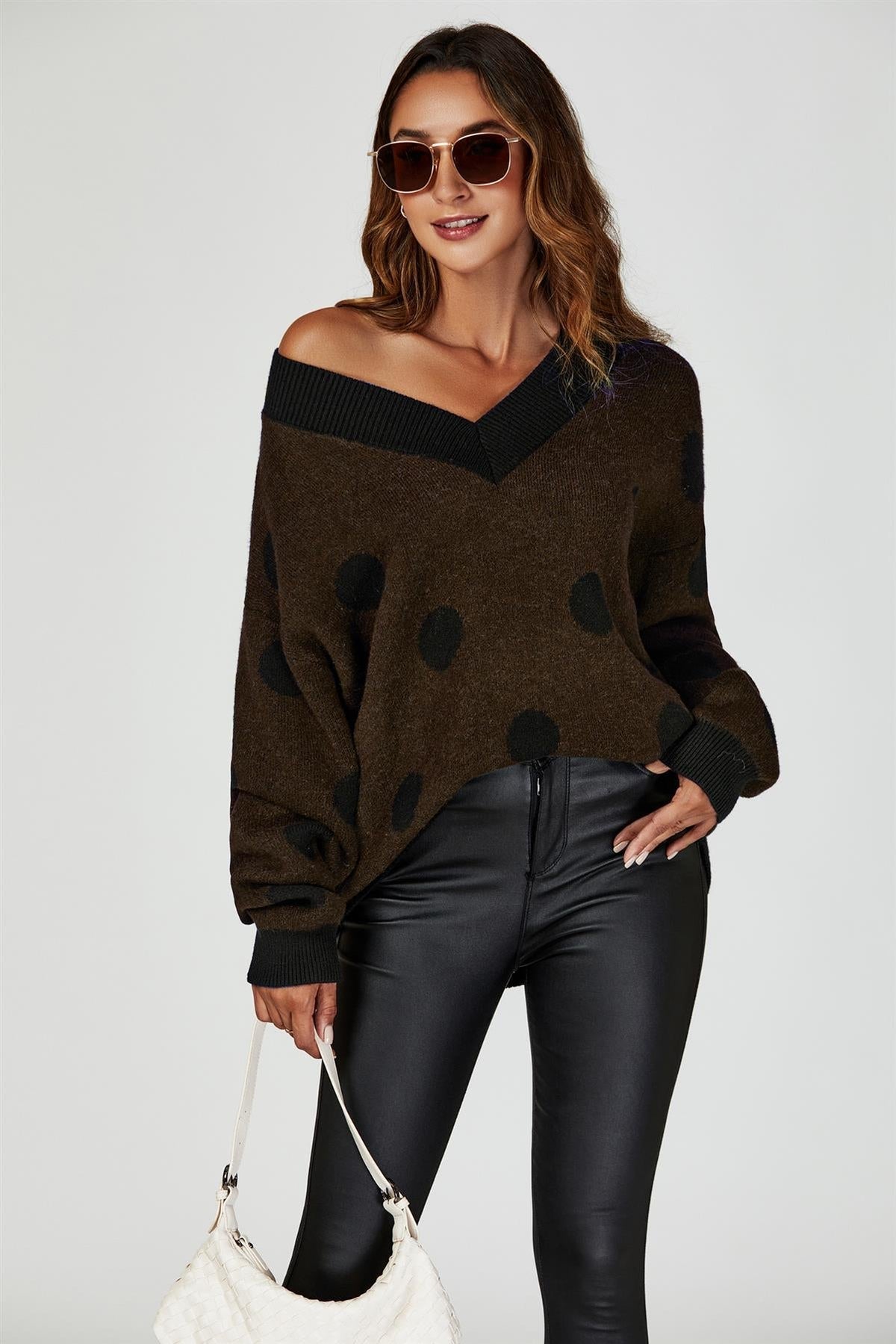 Wool Blended V Neck Jumper In Brown& Black Polka Dot