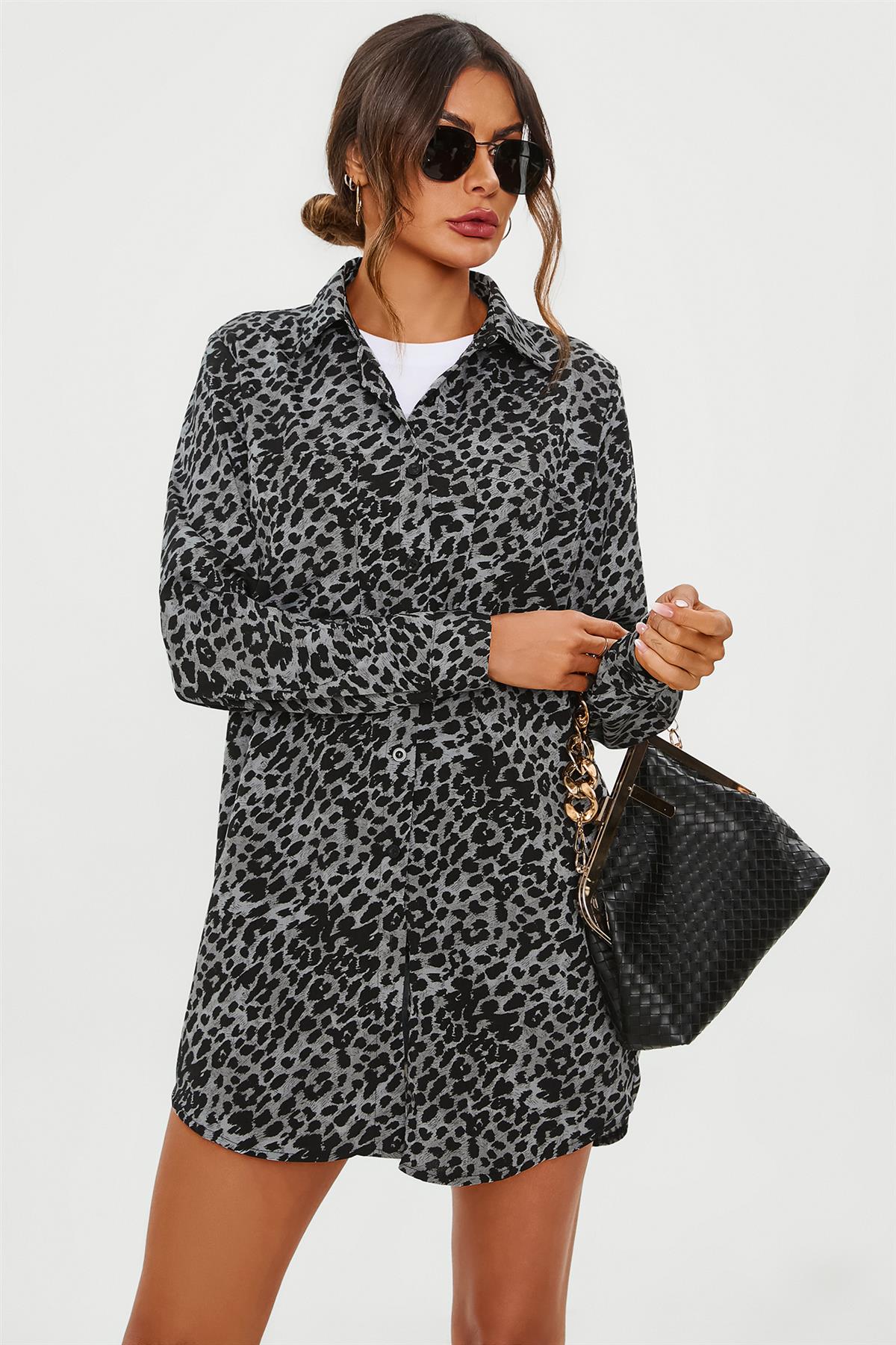 Leopard Print Tunic Shirt In Grey Blue