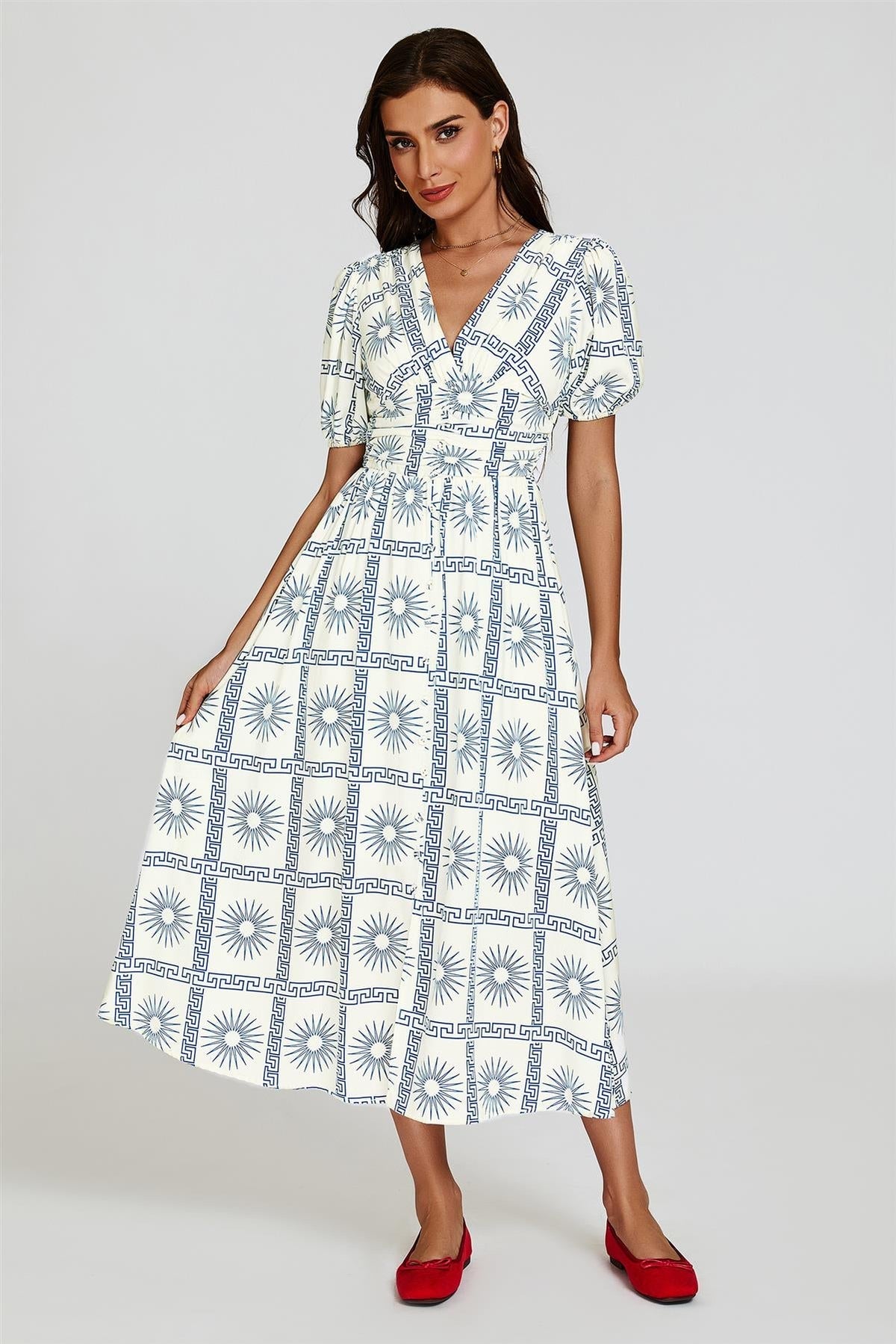 Geo Print Midi V neckline Dress In White