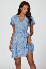 Floral Print Hem Tiered Wrap Mini Dress In Blue