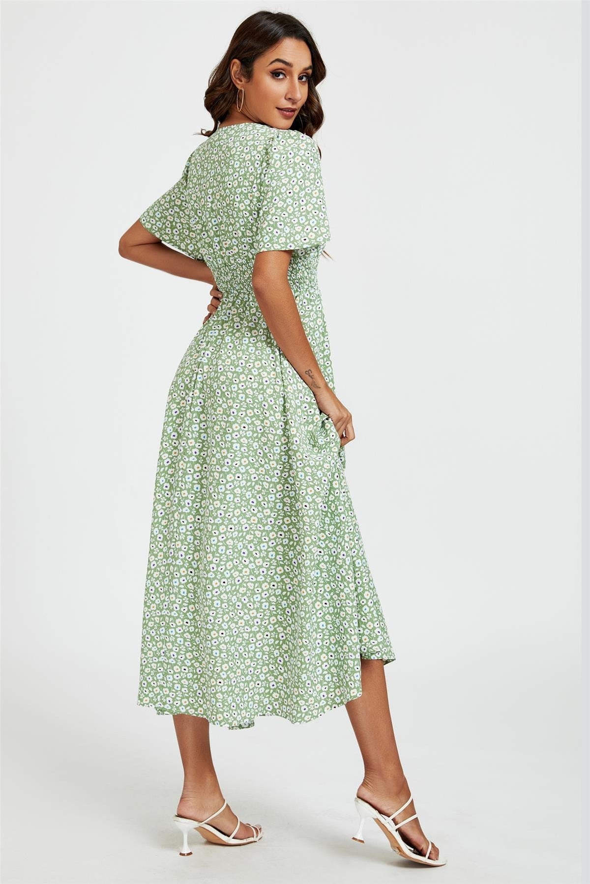 Multi Floral Print V Neck Midi Dress In Green