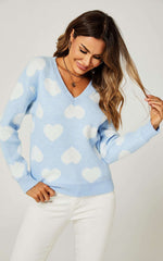 Relaxed Comfy White V Neck Heart Pattern Jumper Top In Baby Blue Namma Markt