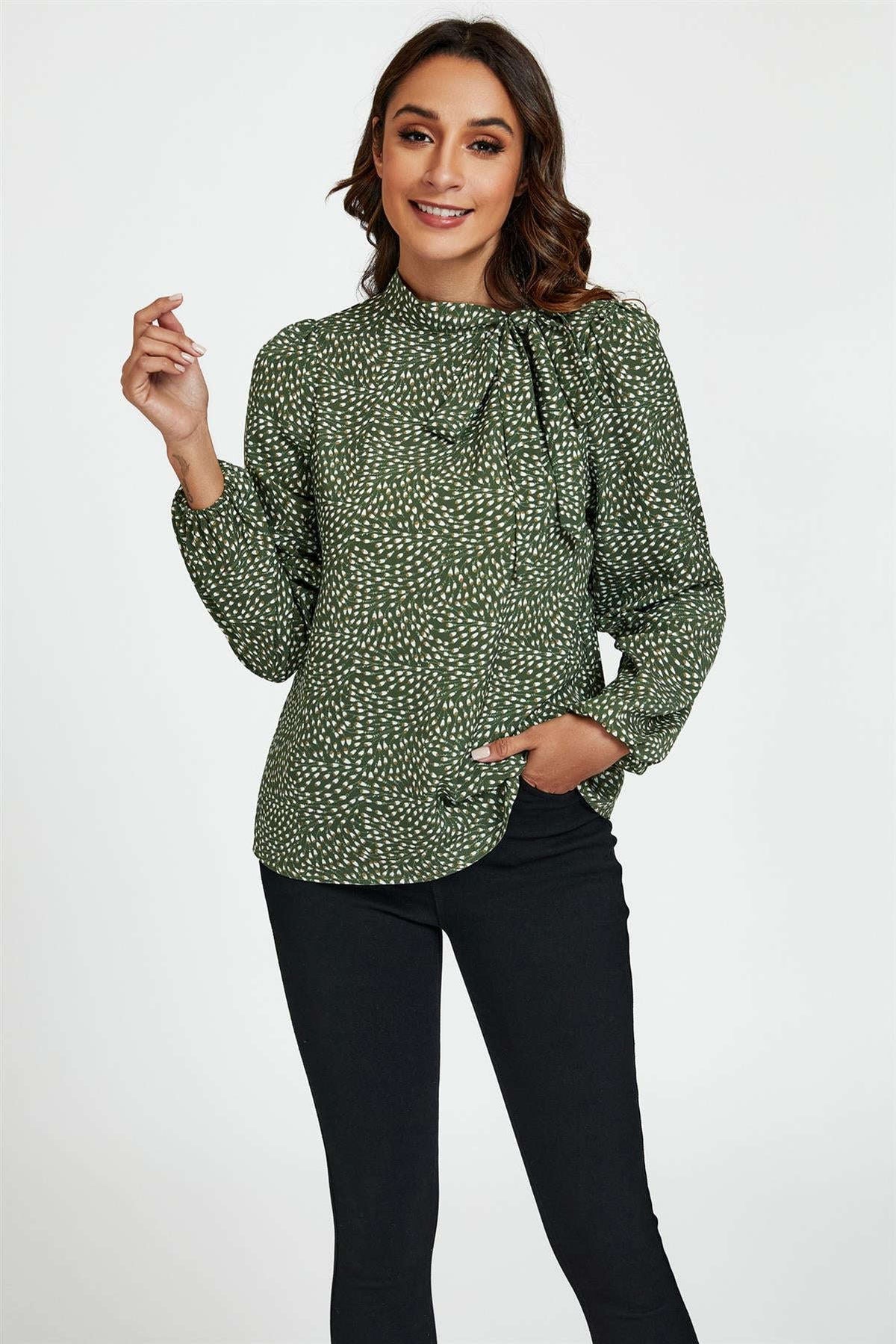 Floral Print Side Tie Blouse Top In Olive Namma Markt