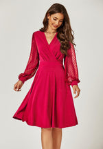 Long Chiffon Sleeve Pleated Midi Dress In Wine