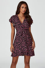 Floral Print Wrap Top Dress In Black