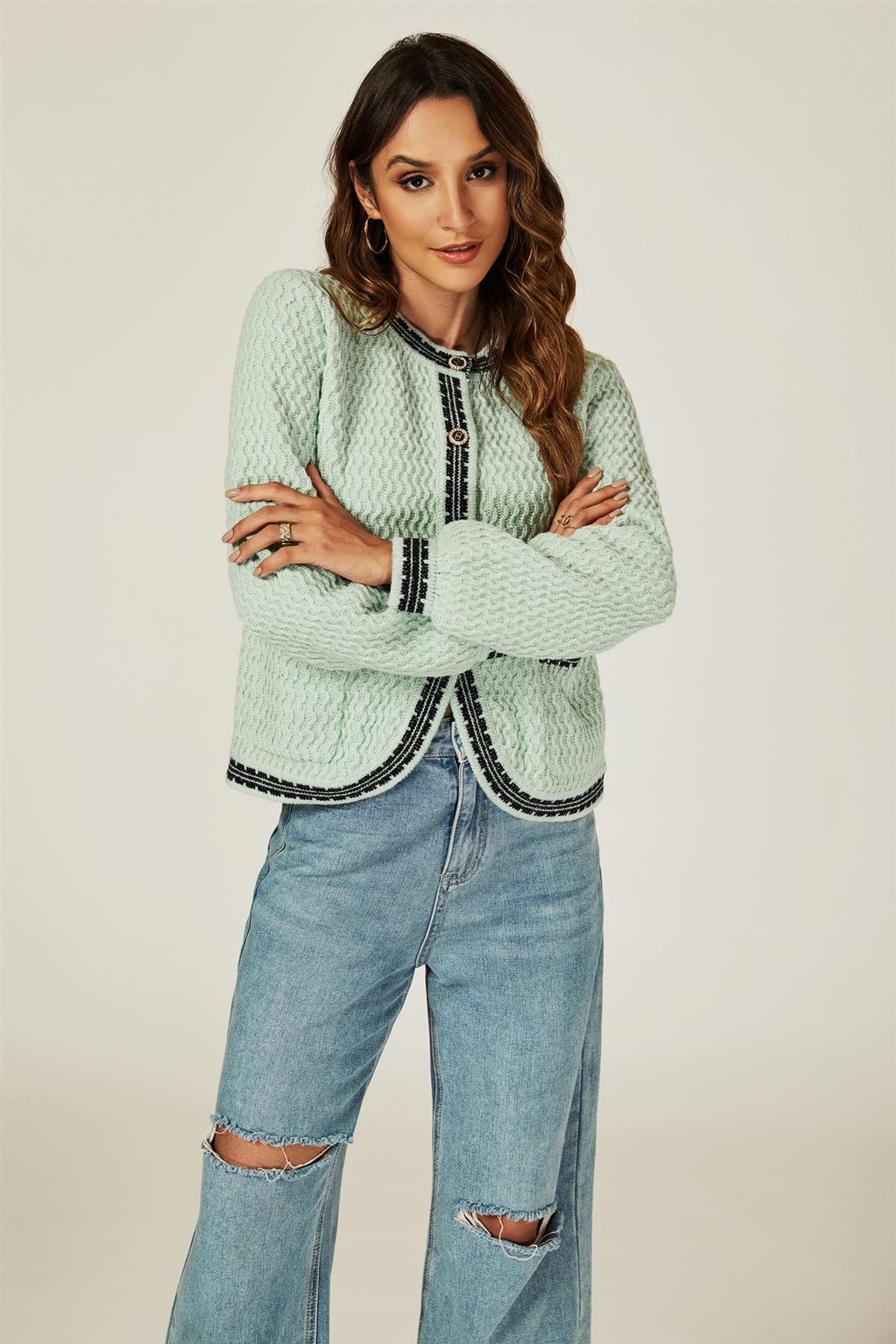Pocket Knit Cardigan In Grey Green
