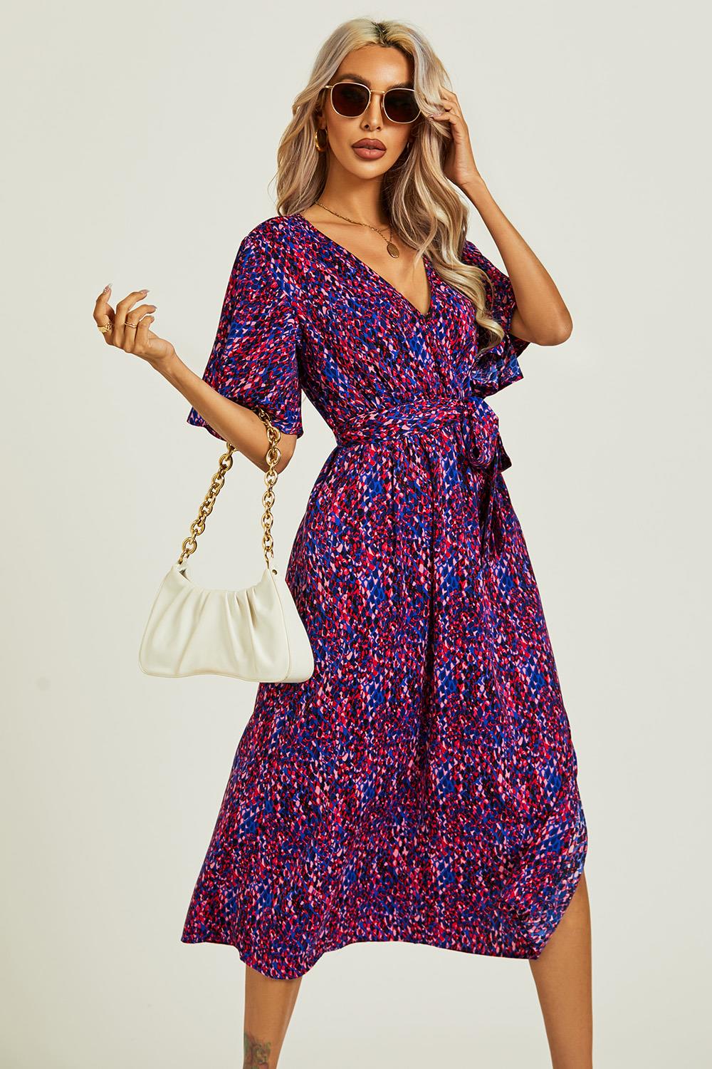 Angel Sleeve Wrap Top Midi Dress In Blue