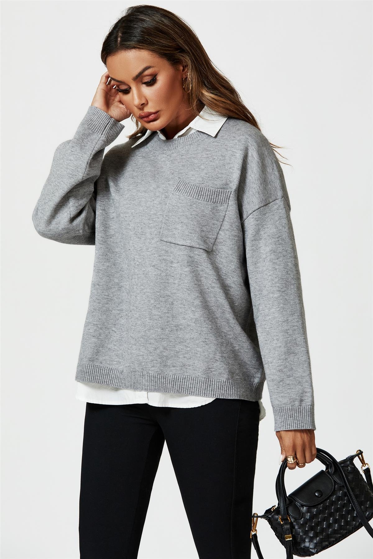 Pocket Detail Knitted Jumper In Grey