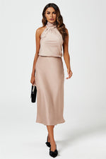 Satin Halter Neck Tie Back Top In Light Brown