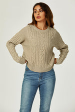 Cable Knit Crew Neck Jumper In Taupe