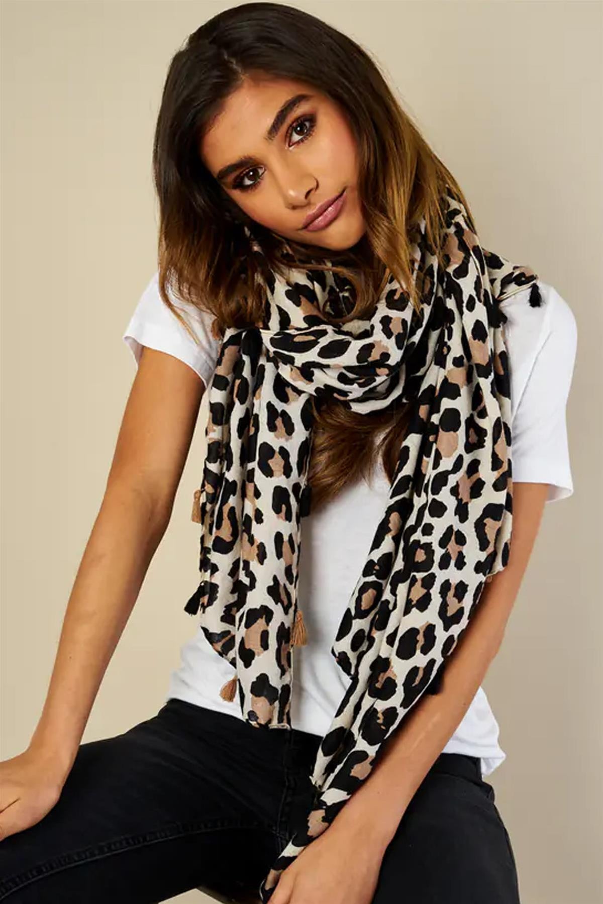 Leopard Print Tassel Scarf In Beige