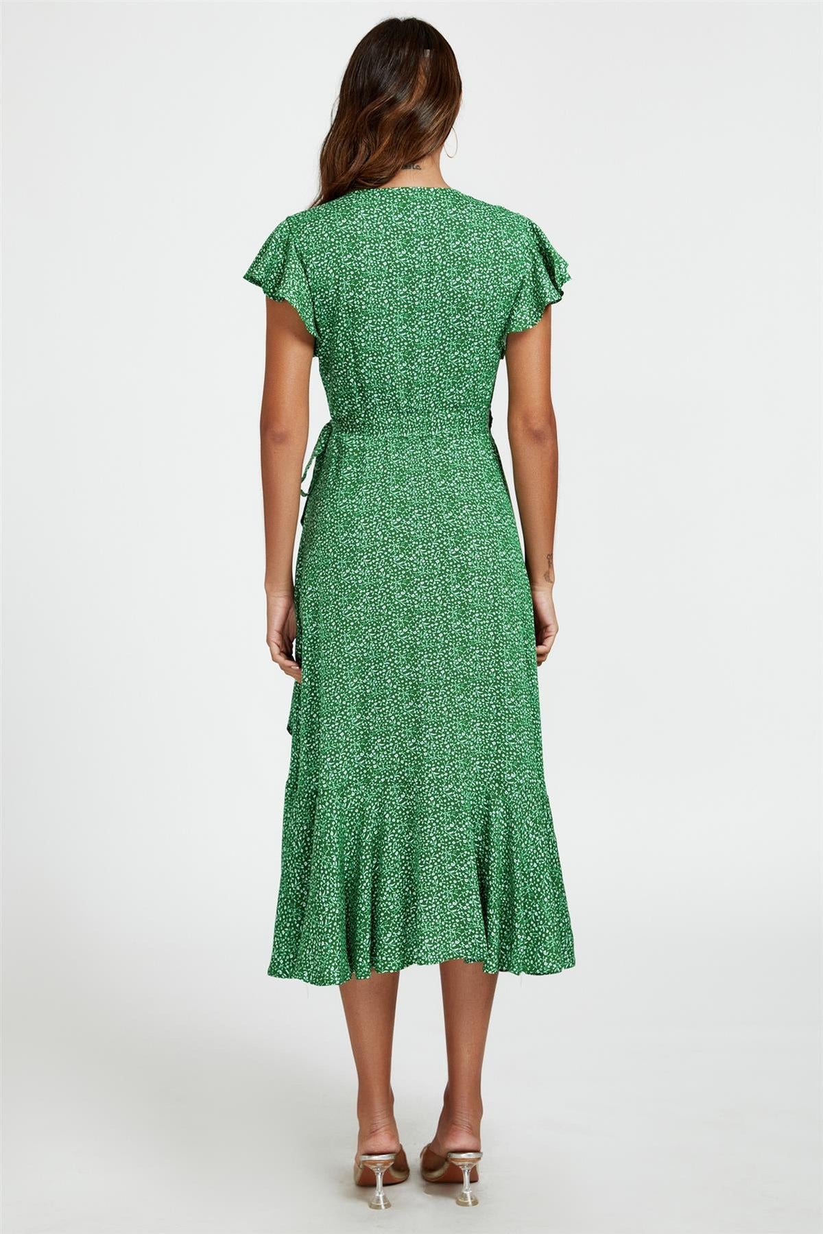 Little Floral Frill Sleeve Midi Wrap Dress In Green