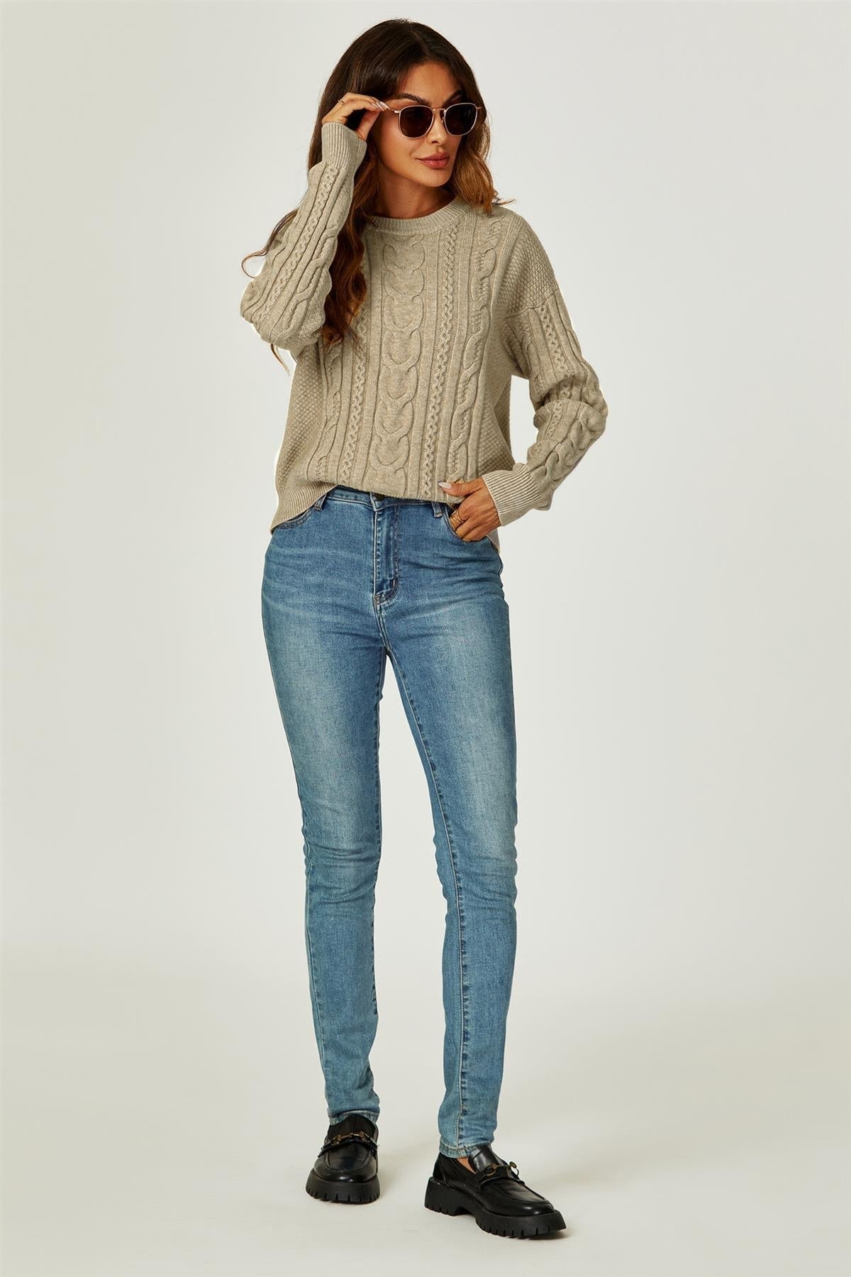 Cable Knit Crew Neck Jumper In Taupe