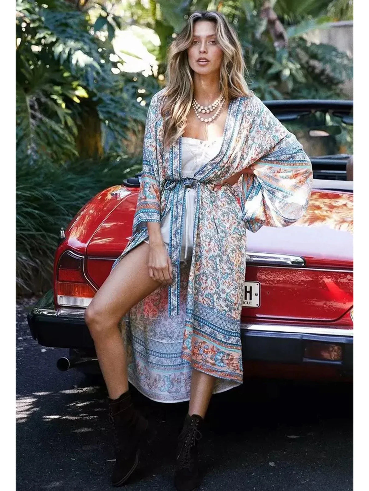 Relaxed Cotton Kimono In Blue Floral