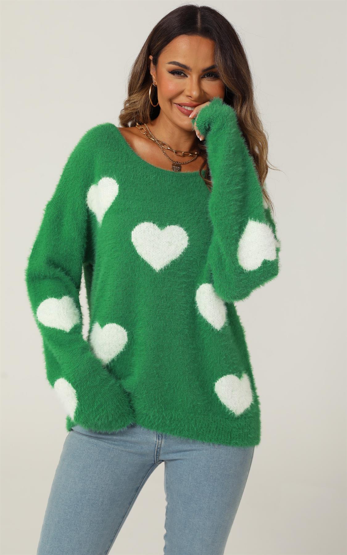 Relaxed Comfy White Heart Pattern Jumper Top In Green