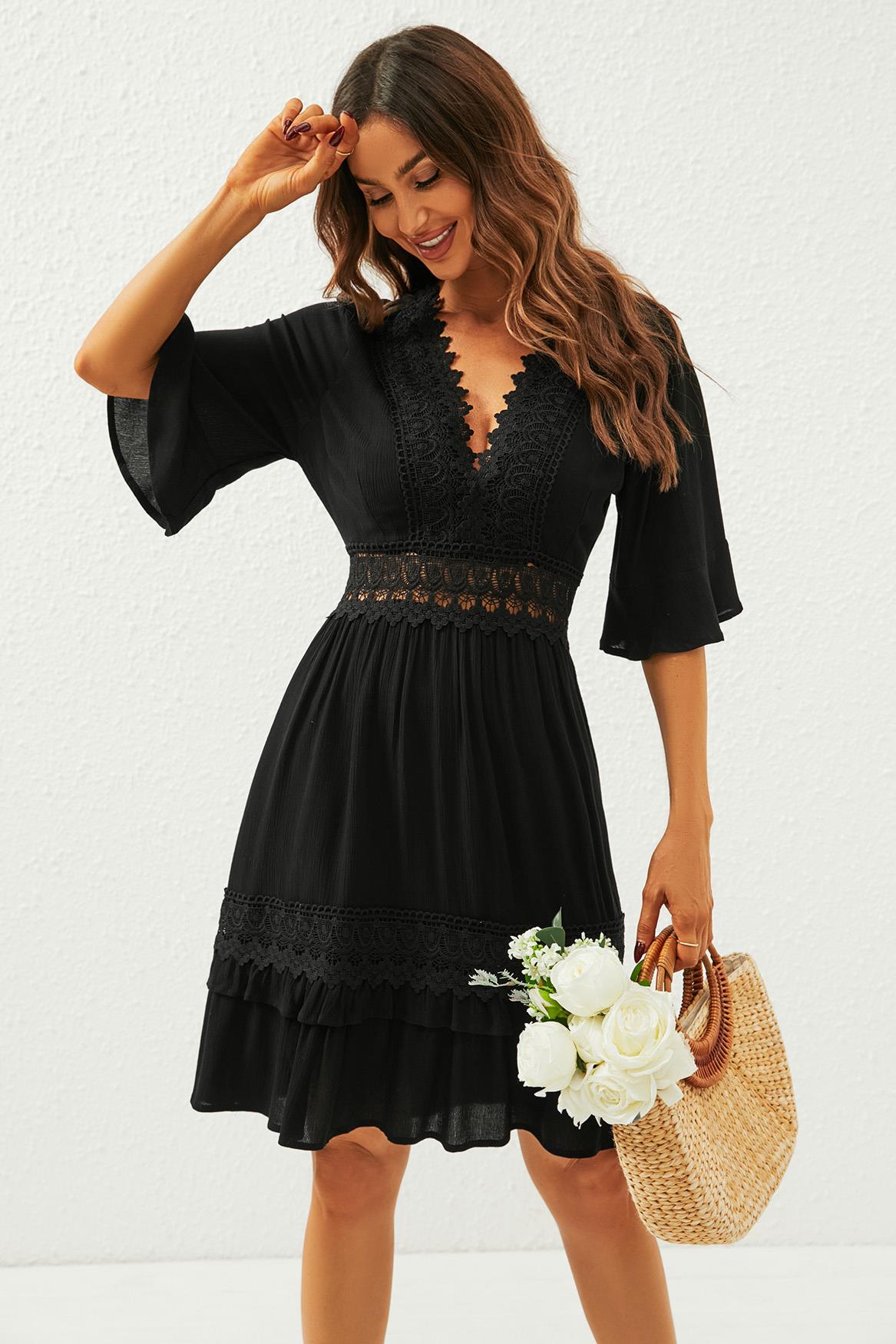 V Neck Lace Mini Dress In Black