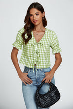 Check Print Tie Front Top In Green