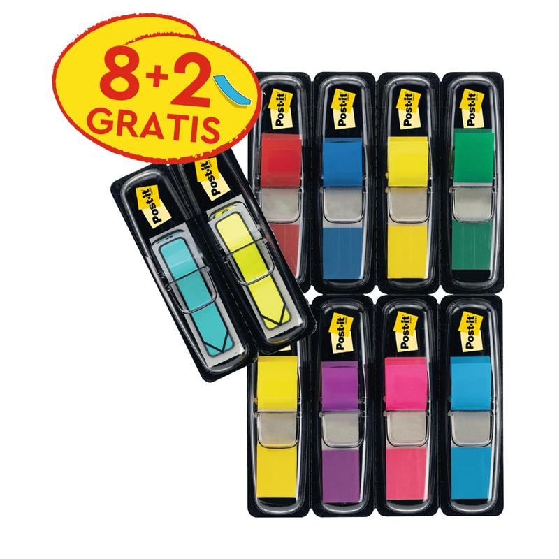 Post-it® Index Haftstreifen, Mini, Verschiedene Farben, 11.9 mm x 43.2 mm, Promotion  + Post-it® Index Pfeile, Blau und Gelb, 11.9 mm x 43.2 mm, 8 Spender + 4 Gratis/Packung | Packung (1 Stück)