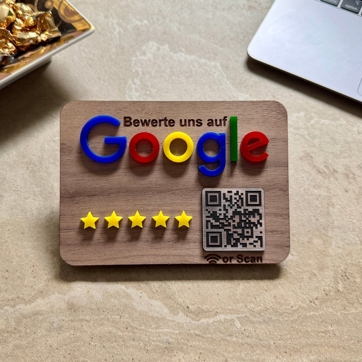 Google Bewertung Aufsteller Schild für Unternehmen Läden Shops Restaurants. QR Code und NFC
