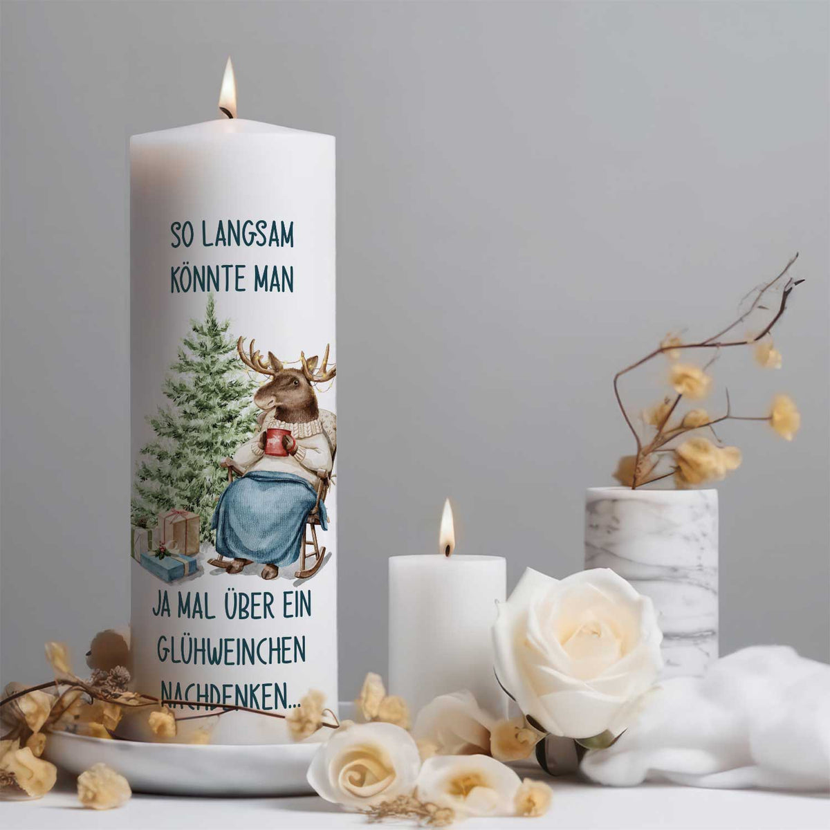 Große Kerze "Glühwein Elch" zu Weihnachten