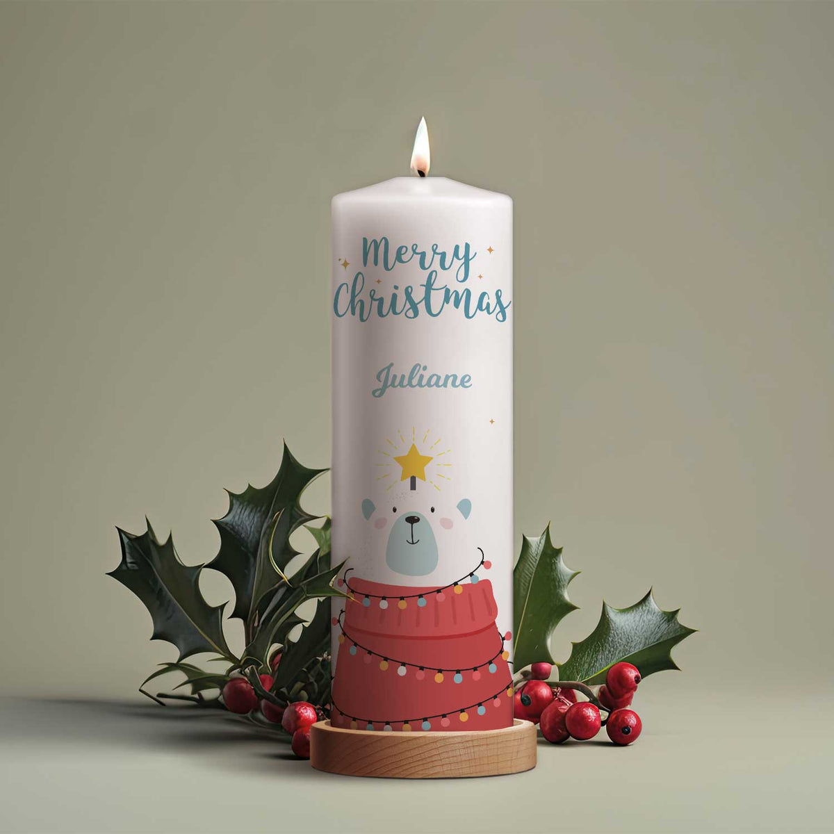 Große Kerze "Eisbär" mit Namen zu Weihnachten