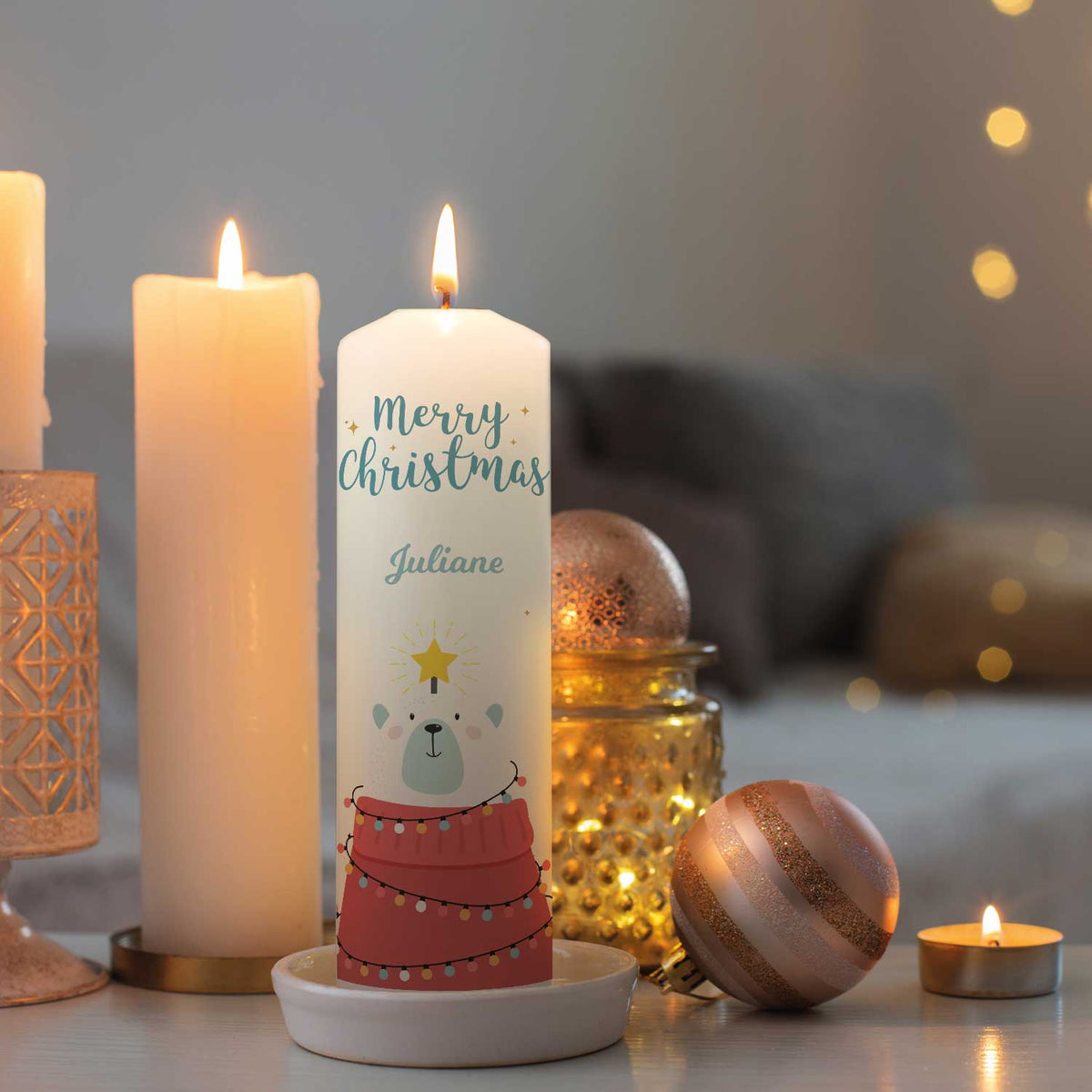Große Kerze "Eisbär" mit Namen zu Weihnachten