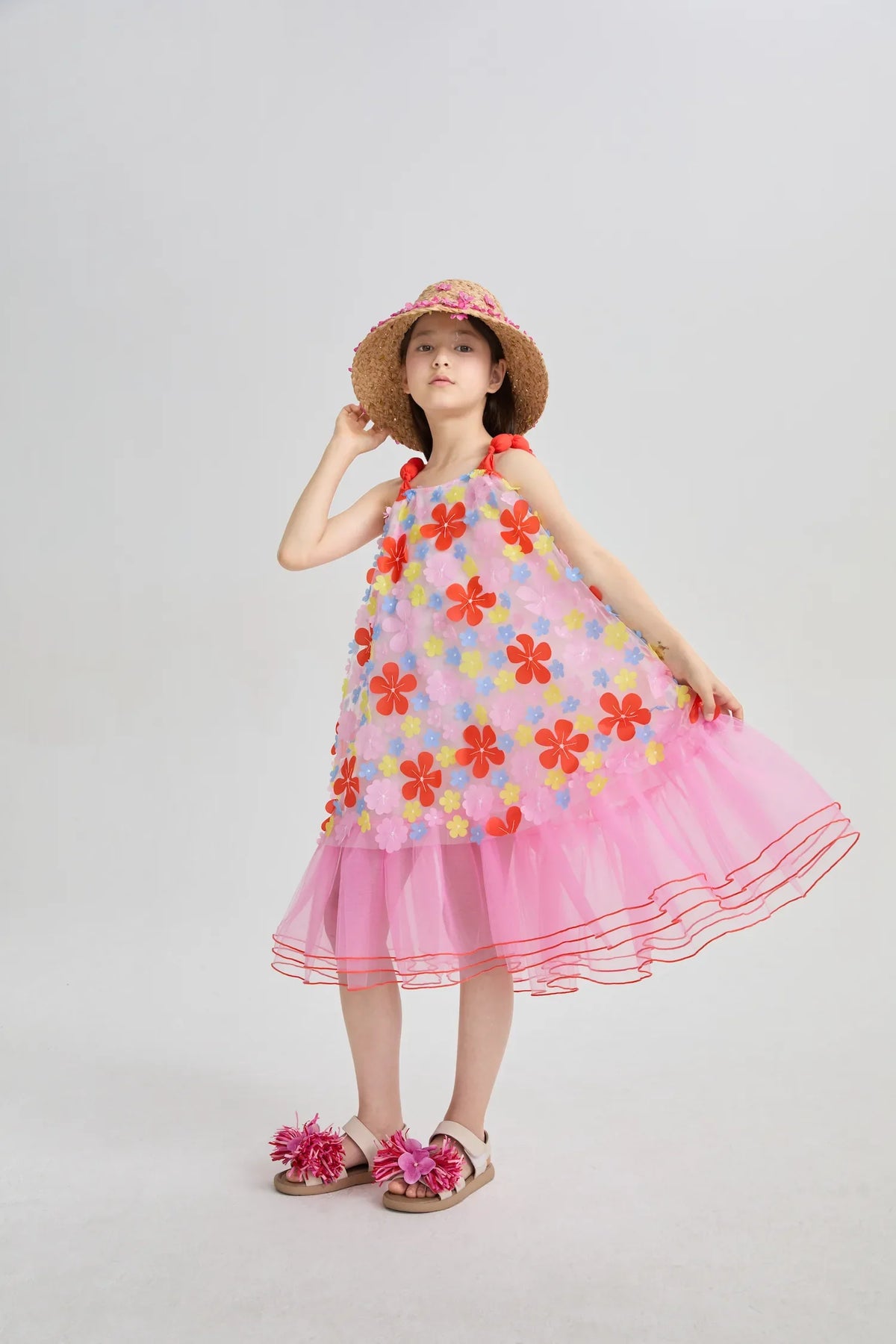 Tropical Bloom Embroidered Mesh Dress
