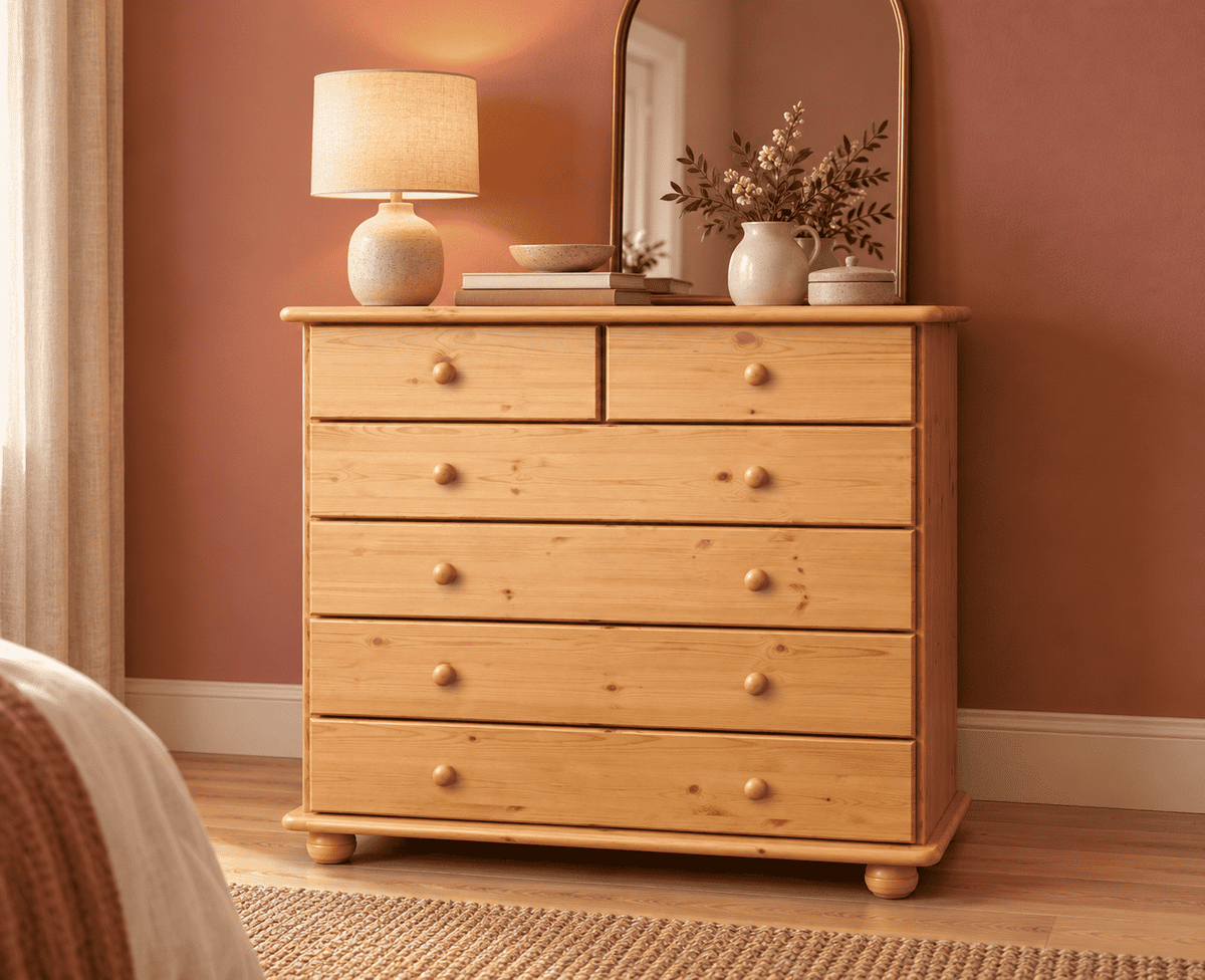 Anika Kommode Massivholz aus 100% Bio Kiefer | 6-Schubladen Sideboard für modernen Wohnstil