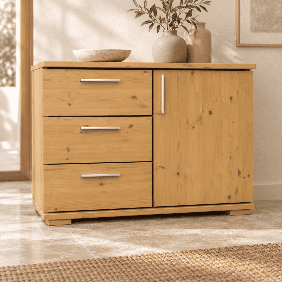 Nobis Kommode Bio Kiefer Massivholz 1-türig mit 3 Schubladen - 57 cm