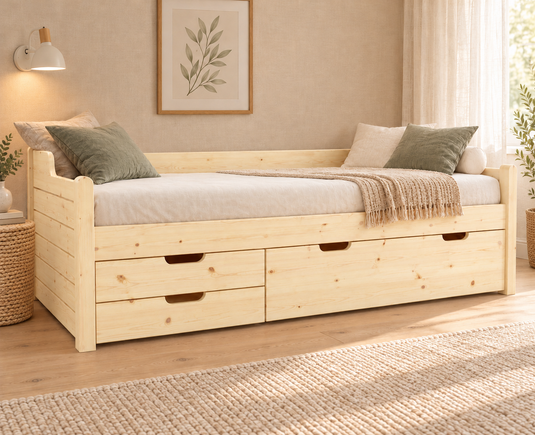 Einzelbett 90x200cm Bio-Kiefer Massivholz mit 3 Schubladen als Gästebett
