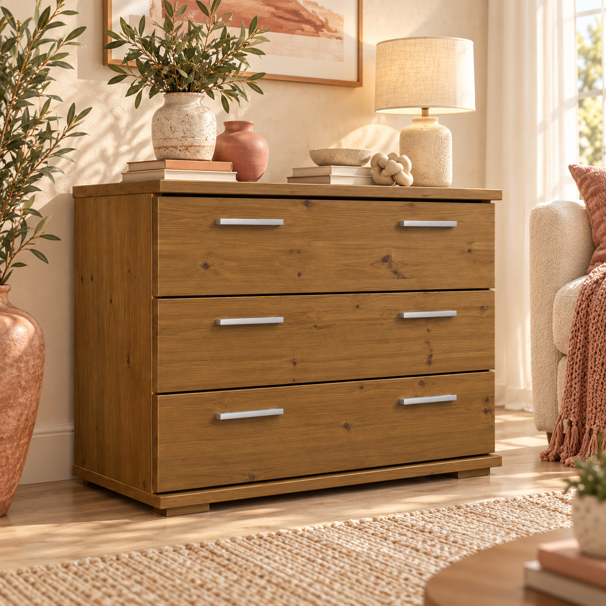 Nobis Kommode Massivholz für Wohnzimmer | Sideboard mit 3 großen Schubladen | 57cm hoch aus 100% Bio Kiefer Massivholz