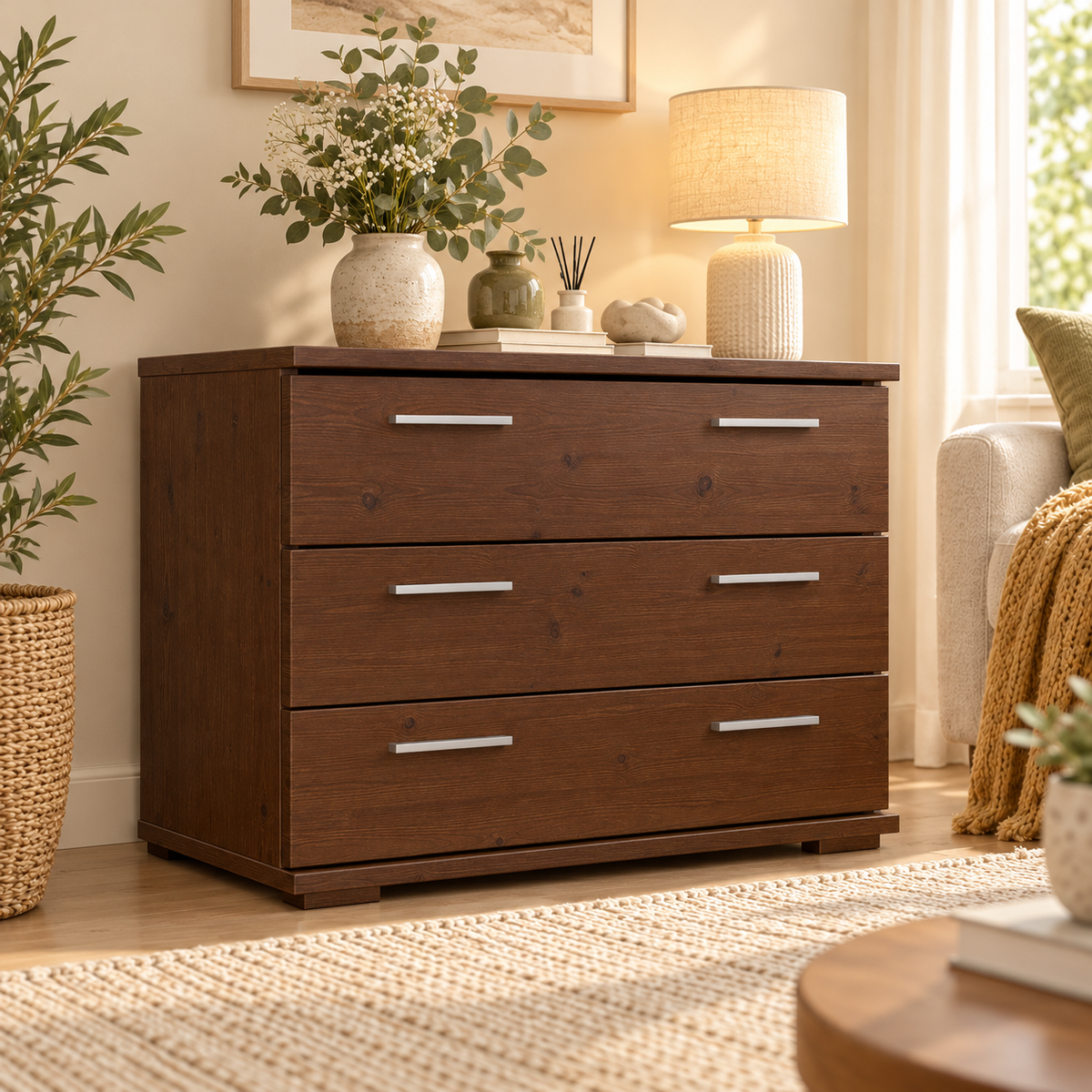 Nobis Kommode Massivholz für Wohnzimmer | Sideboard mit 3 großen Schubladen | 57cm hoch aus 100% Bio Kiefer Massivholz