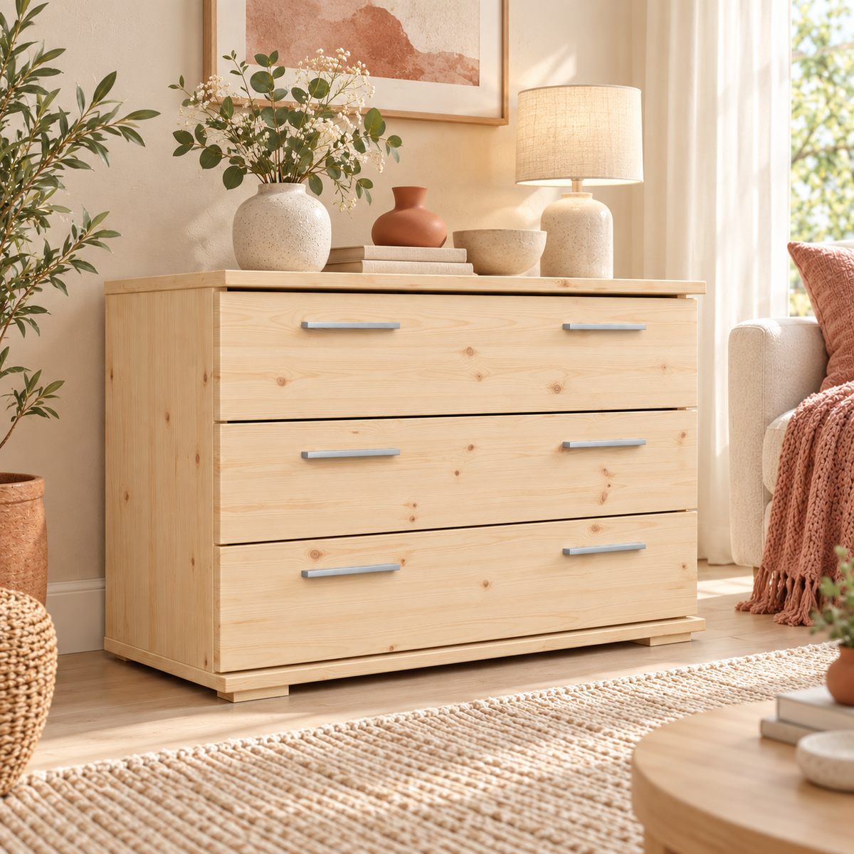 Nobis Kommode Massivholz für Wohnzimmer | Sideboard mit 3 großen Schubladen | 57cm hoch aus 100% Bio Kiefer Massivholz