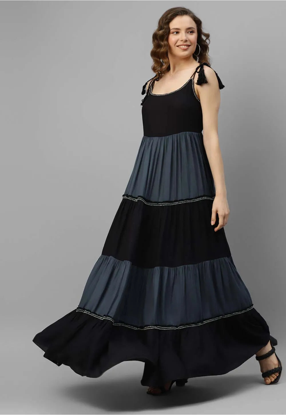 Lace Embellished Rayon Tiered Dress in Munich