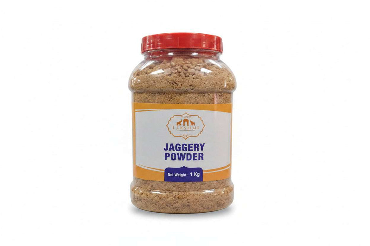 Jar of jaggery powder with a red lid on a white background
