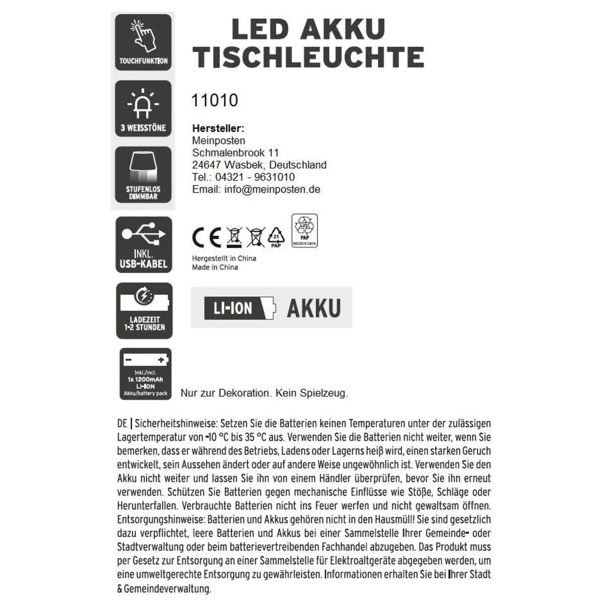 Lampe LED ohne Kabel Touch Tischleuchte Tischlampe Leuchte kabellos dimmbar