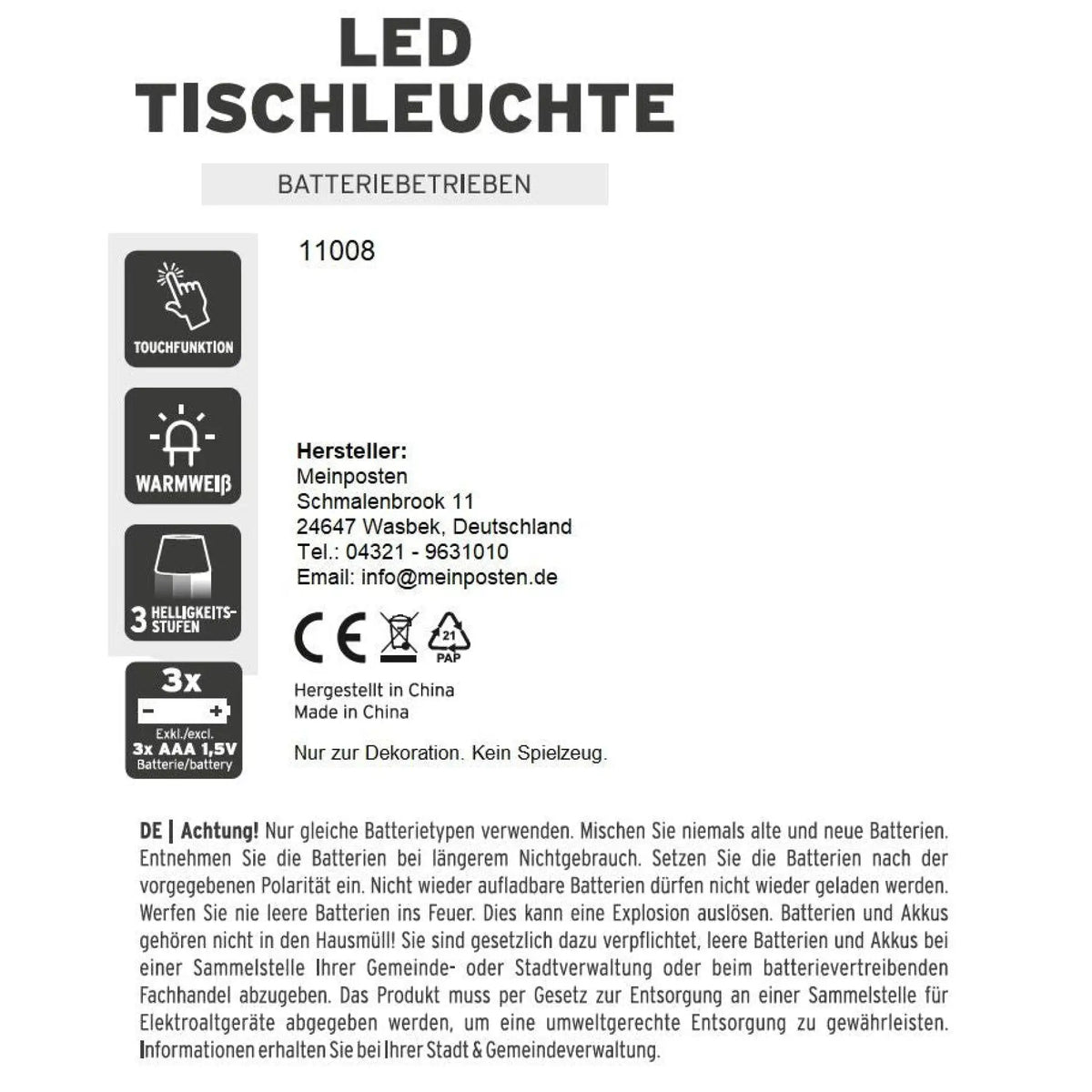 Lampe LED ohne Kabel Touch Tischleuchte Tischlampe Leuchte kabellos dimmbar