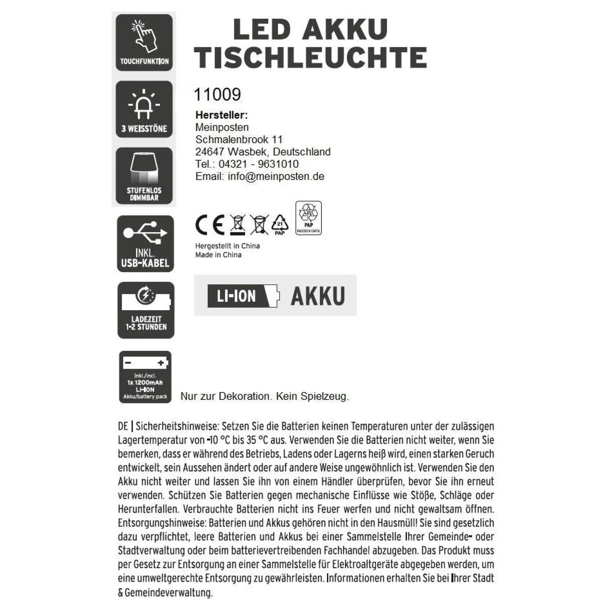 Lampe LED ohne Kabel Touch Tischleuchte Tischlampe Leuchte kabellos dimmbar