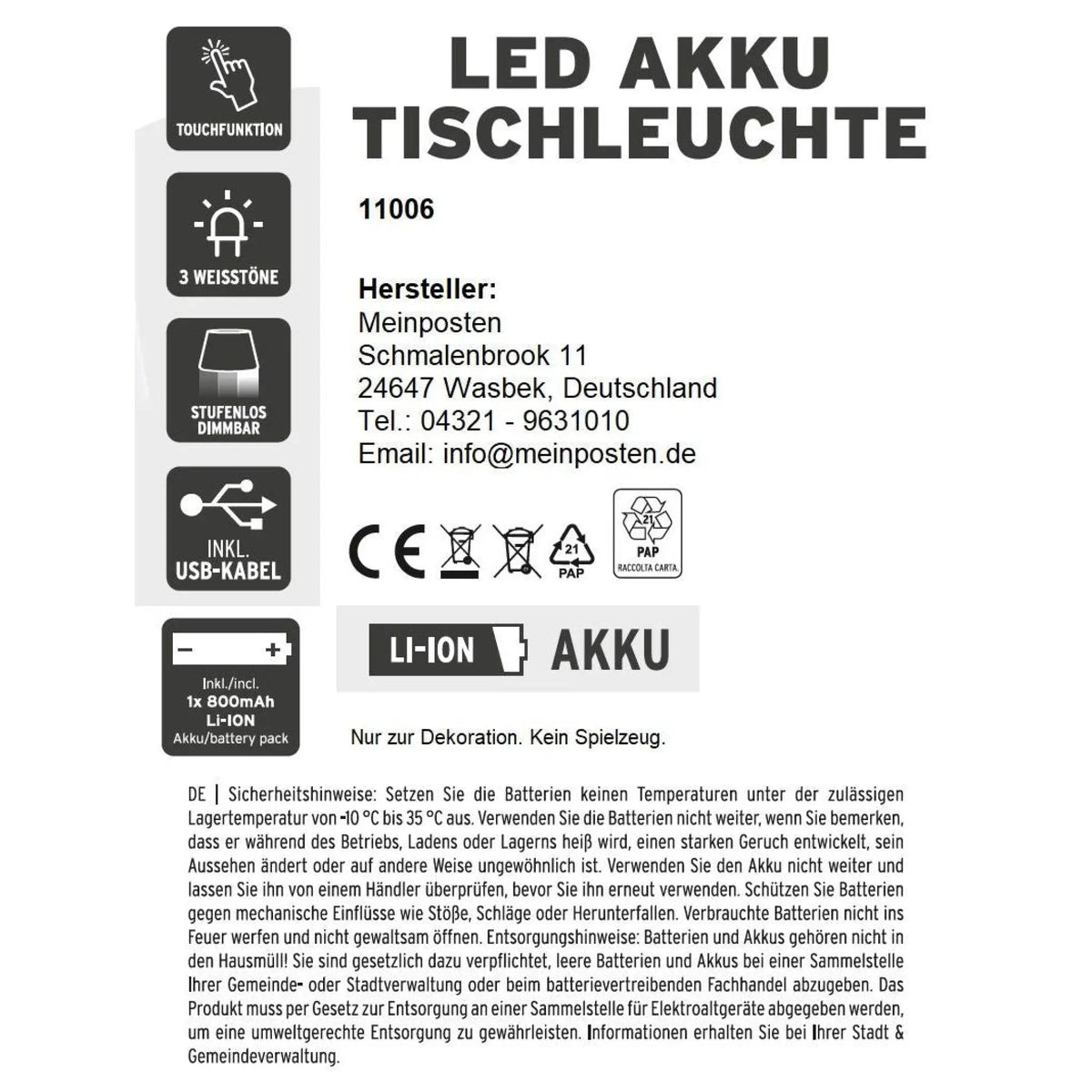 Lampe LED ohne Kabel Touch Tischleuchte Tischlampe Leuchte kabellos dimmbar