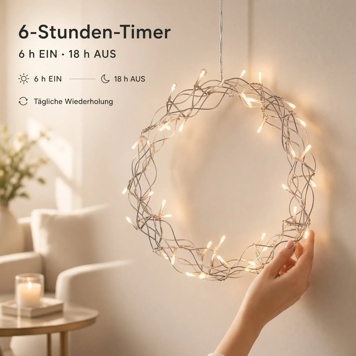 LED Weihnachtskranz 30 cm mit 40 LEDs & Timer – warmweiß, batteriebetrieben