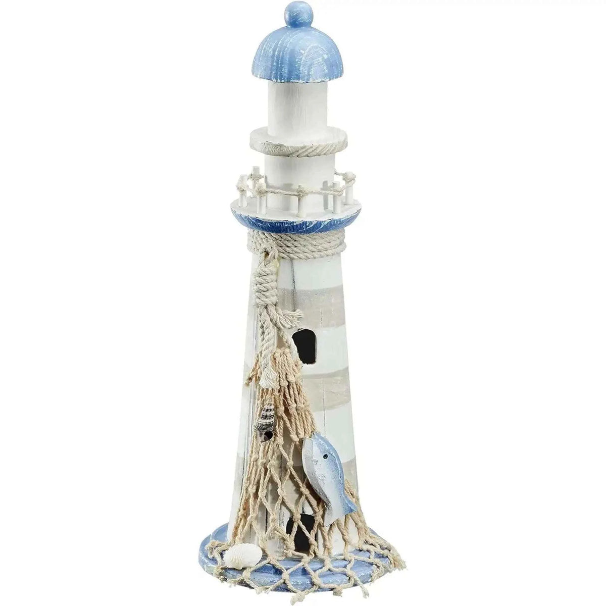 Leuchtturm Holz blau weiß Deko m. Muscheln & Netz Dekoration Strand Meer Maritim